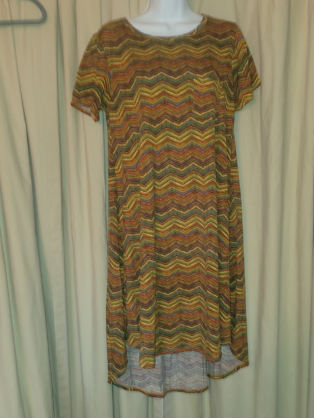 LuLaRoe Multicolor Chevron High-Low Carly Dress in Yellow, Orange, Green, Brown